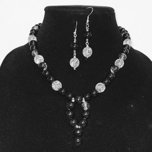 2 side Black SilverStarLight bead Necklace Earings, New